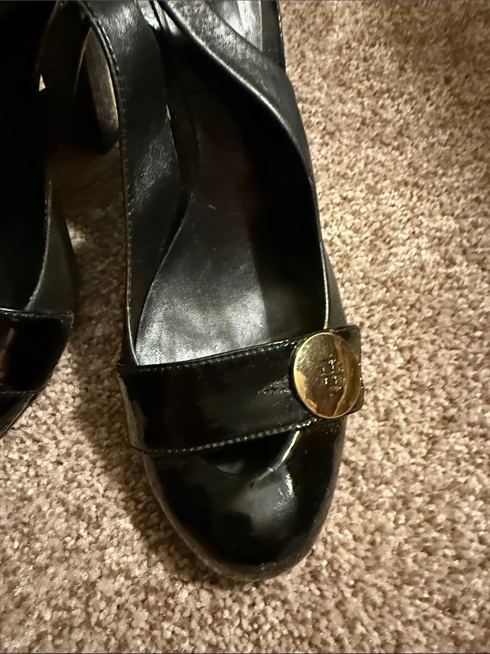 Tory Burch Black Patent Slingback Heels with Gold Logo